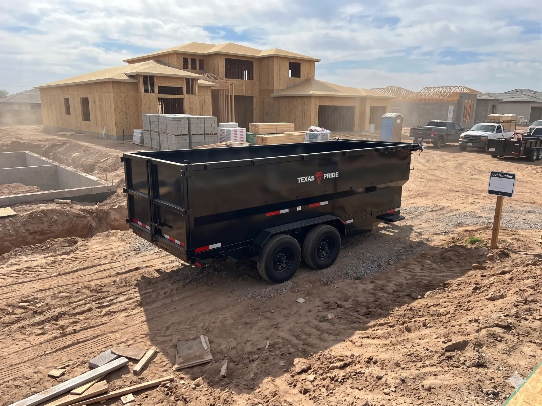 Texas Pride 16ft dump trailer rental from Valley Skid Steer Rental at a new home site